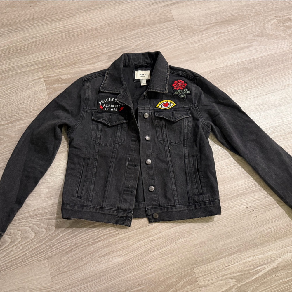Forever 21 Black Embroidered Denim Jacket with Patch Accents